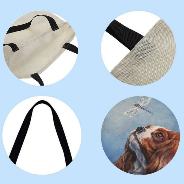 Linen Tote Bag - Kawaii Puppies Charles Spaniel Dog Oil Painting