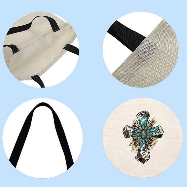 Turquoise cross and flowers - Linen Tote Bag