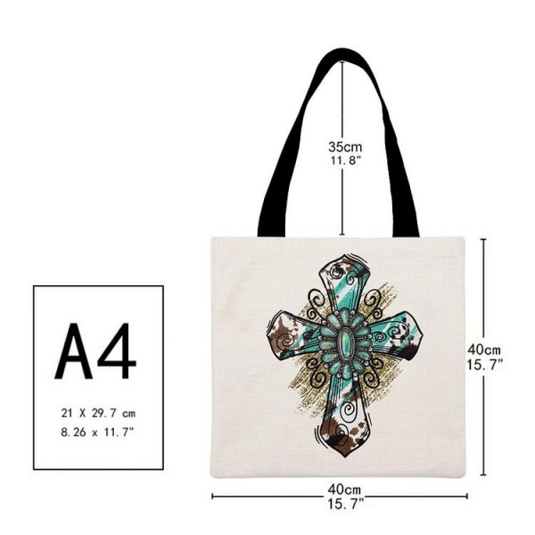 Turquoise cross and flowers - Linen Tote Bag