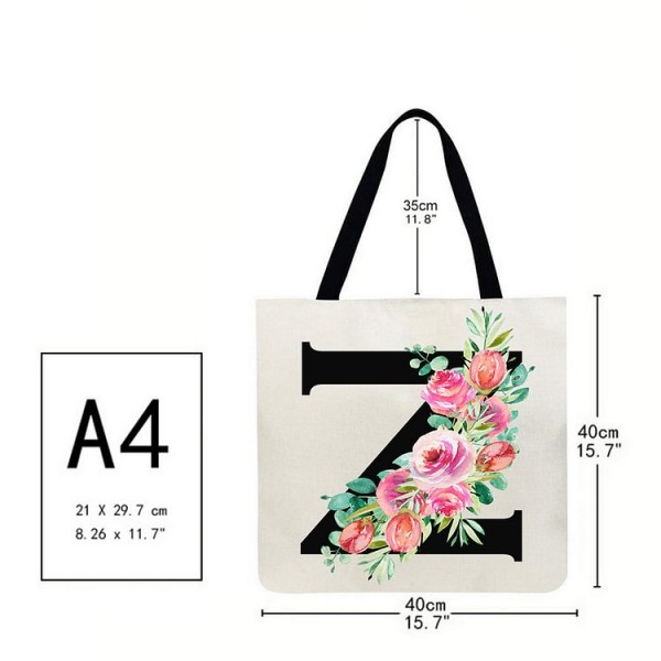 Linen Tote Bag - 26 Initials Flower
